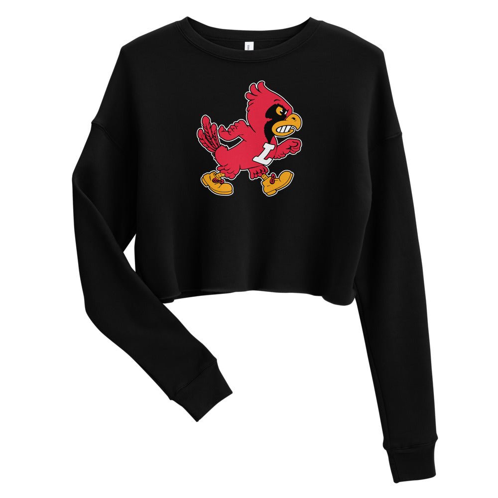 Rivalry Week Vintage Louisville Women's Cropped Sweatshirt - 1940s Marching Cardinal Mascot Art M / Black