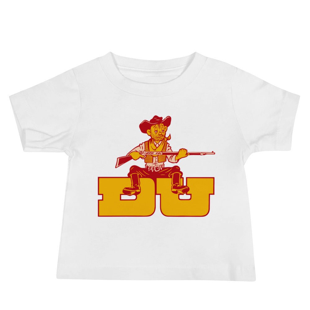 Denver University Vintage Mascot Baby T Shirt - 1950s Tired Pioneer Art Baby Staple Tee - Rivalry Week