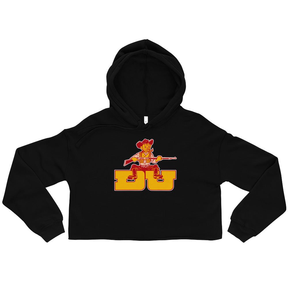 Denver University Vintage Mascot Women's Cropped Hoodie - 1950s Tired Pioneer Art Cropped Hoodie - Rivalry Week