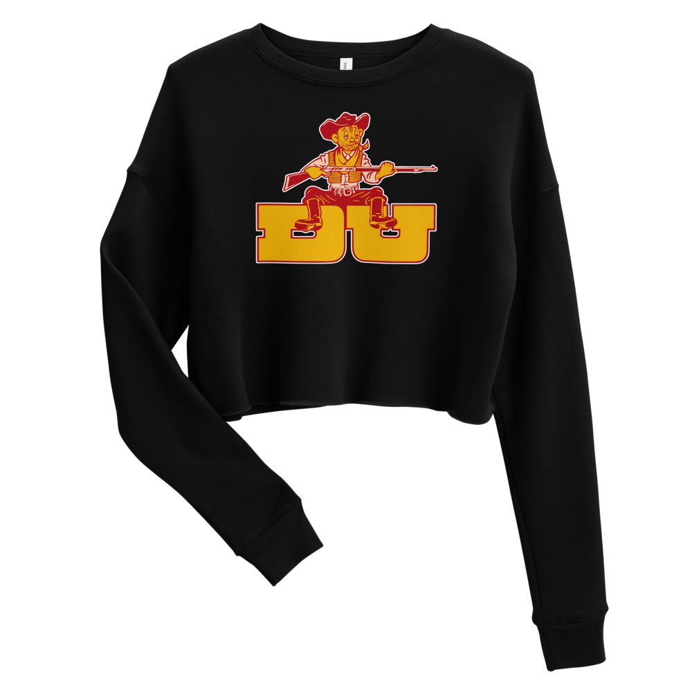 Denver University Vintage Mascot Women's Cropped Sweatshirt - 1950s Tired Pioneer Art Cropped Sweatshirt - Rivalry Week