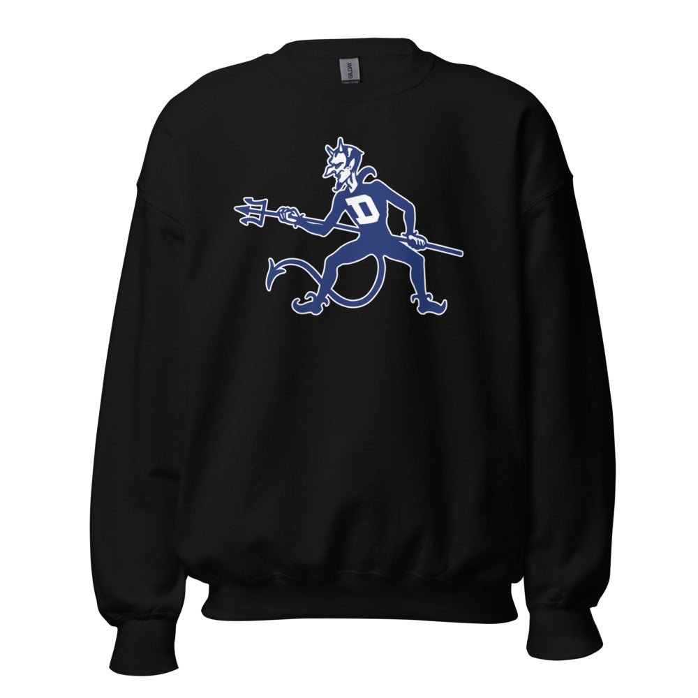 Duke Vintage Crew Neck Sweatshirt - 1940s Blue Devil Mascot On Guard Art Sweatshirt - rivalryweek