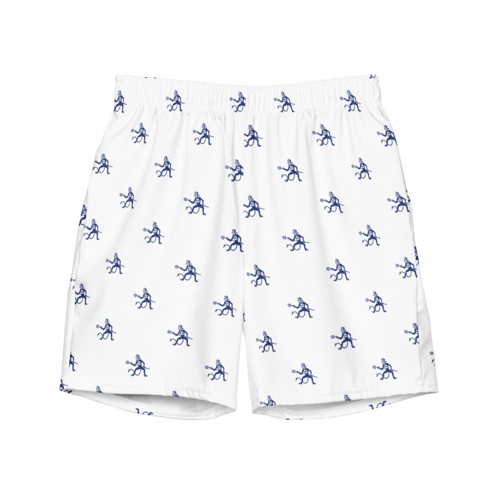 Duke Vintage Swim Trunks - 1940s Blue Devil Mascot On Guard White Pattern Swim Trunks - Rivalry Week