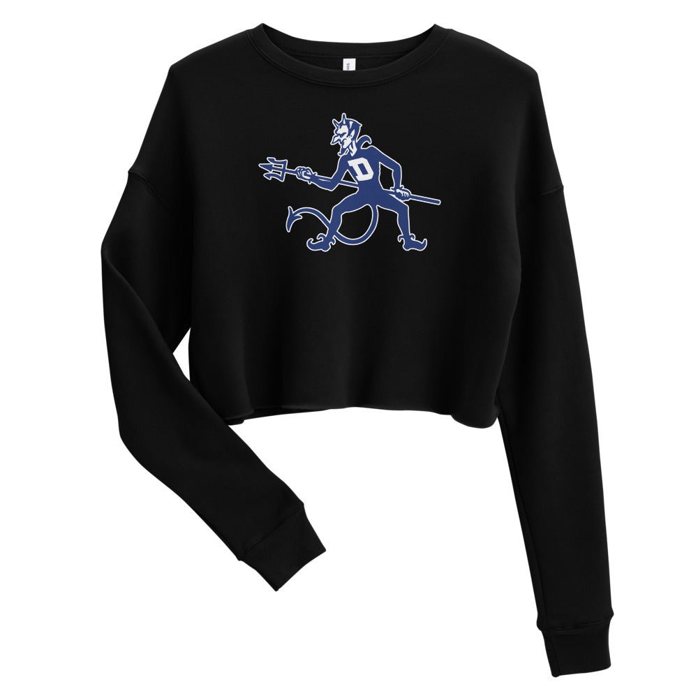 Duke Vintage Women's Cropped Sweatshirt - 1940s Blue Devil Mascot On Guard Art Cropped Sweatshirt - rivalryweek