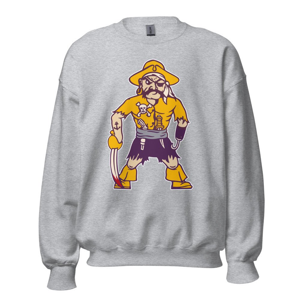 ECU Vintage Mascot Crew Neck Sweatshirt - 1950s Purple Pirate Art Sweatshirt - Rivalry Week