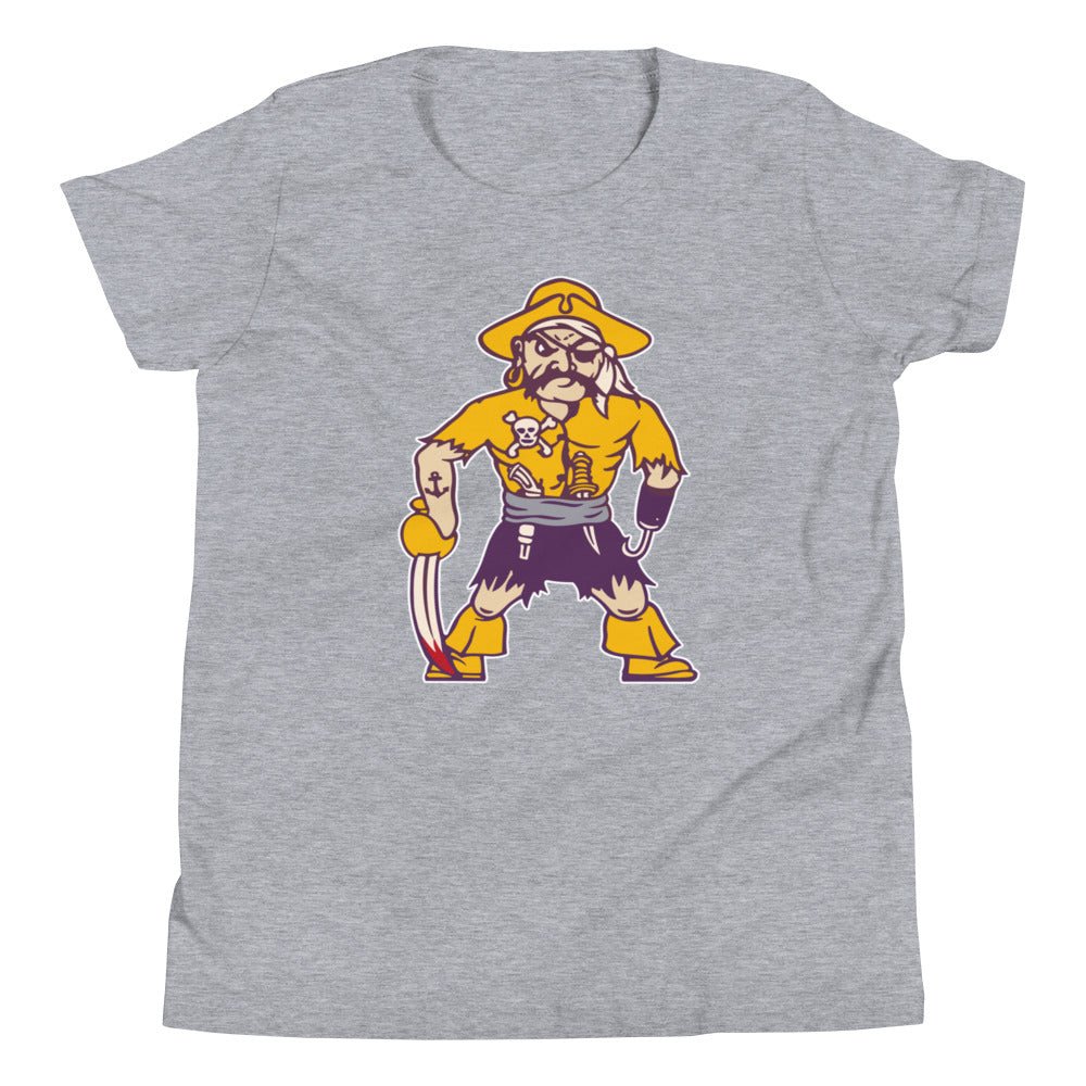 ECU Vintage Mascot Kids Youth Shirt - 1950s Purple Pirate Art Youth Staple Tee - Rivalry Week