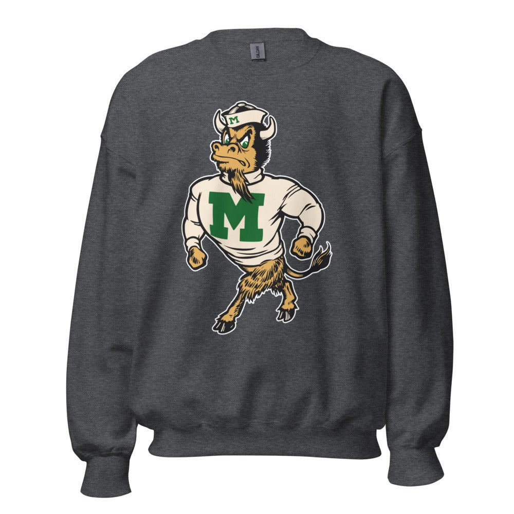 Marshall University Vintage Mascot Crew Neck Sweatshirt - 1950s Strutting Bison Art Sweatshirt - Rivalry Week