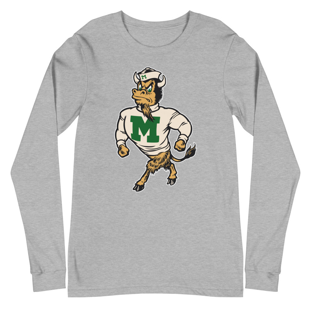 Marshall University Vintage Mascot Long Sleeve Shirt - 1950s Strutting Bison Art Long Sleeve Shirt - Rivalry Week