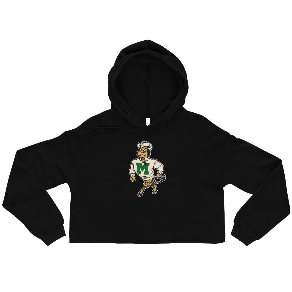 Marshall University Vintage Mascot Women's Cropped Hoodie - 1950s Strutting Bison Art Cropped Hoodie - Rivalry Week