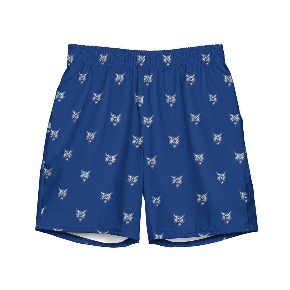 Old School Kentucky Swim Trunks - 1950s Mangey Cat Mascot Blue Pattern Swim Trunks - Rivalry Week