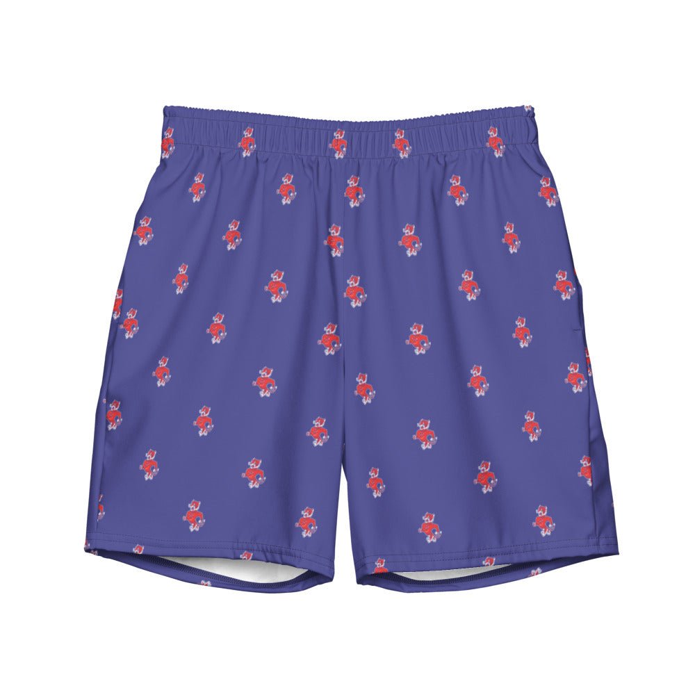 Retro Clemson Swim Trunks - 1950s Struttin' Tiger Mascot Purple Pattern Swim Trunks - Rivalry Week