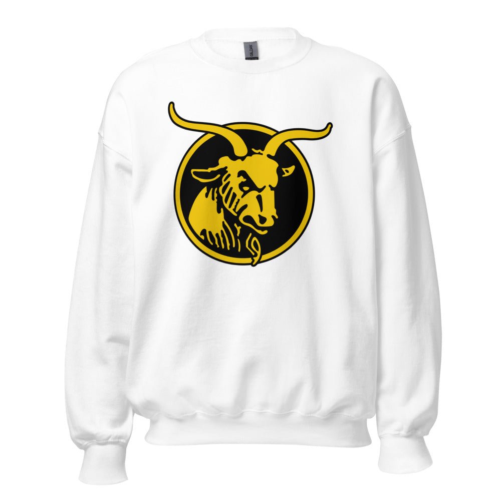 Retro Navy Crew Neck Sweatshirt - 1959 Bill The Goat Means Business Art Sweatshirt - rivalryweek