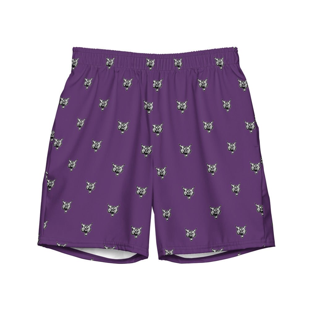 Retro Northwestern Swim Trunks - 1950s Roaring Wild Cat Purple Pattern Swim Trunks - Rivalry Week