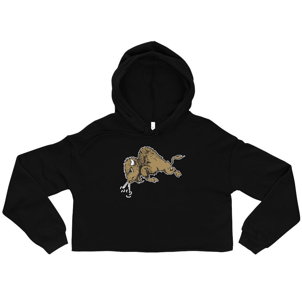 Vintage Colorado Buffalo Women's Cropped Hoodie - 1940s Stampeding Buffalo Art Cropped Hoodie - rivalryweek
