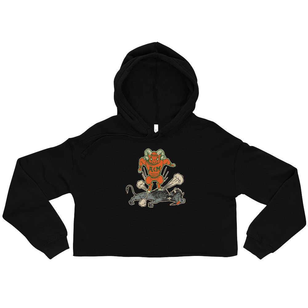 Vintage Colorado State Rivalry Women's Cropped Hoodie - 1950s Buffalo Ram Stomp Art Cropped Hoodie - rivalryweek