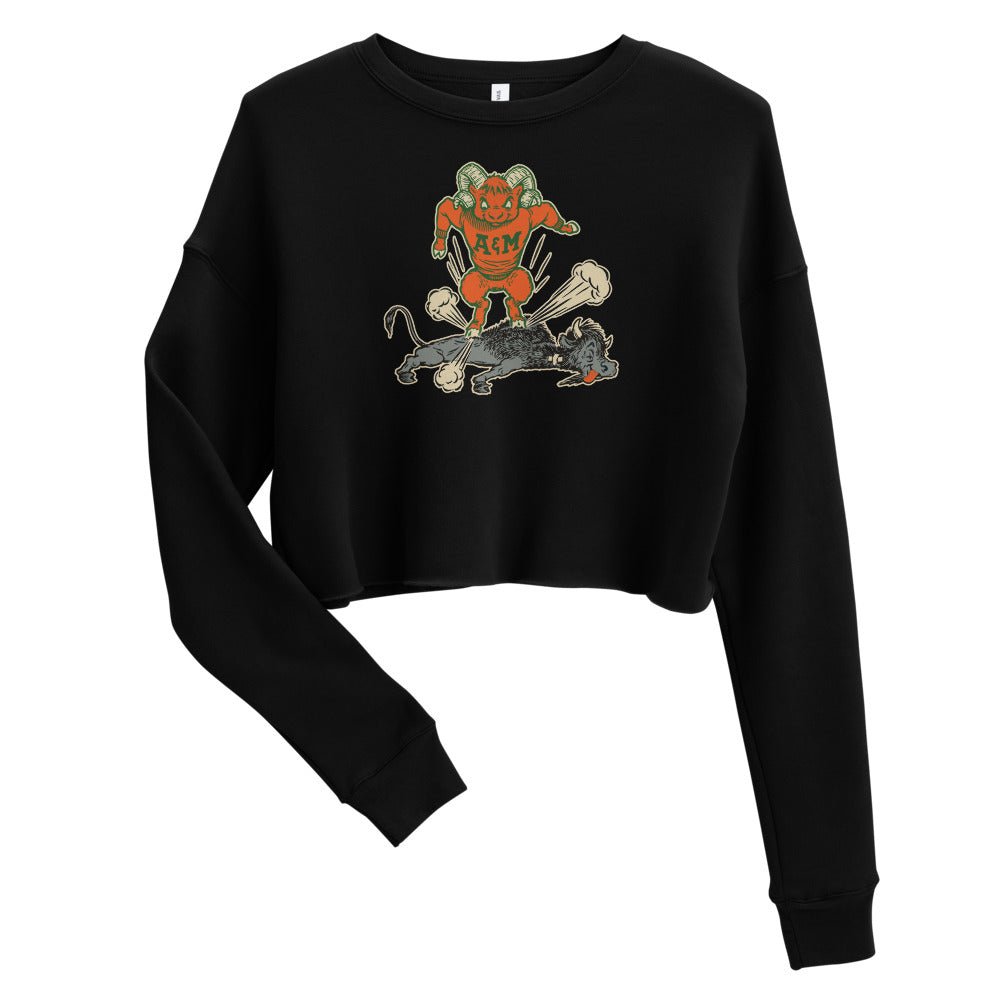 Vintage Colorado State Rivalry Women's Cropped Sweatshirt - 1950s Buffalo Ram Stomp Art Cropped Sweatshirt - rivalryweek