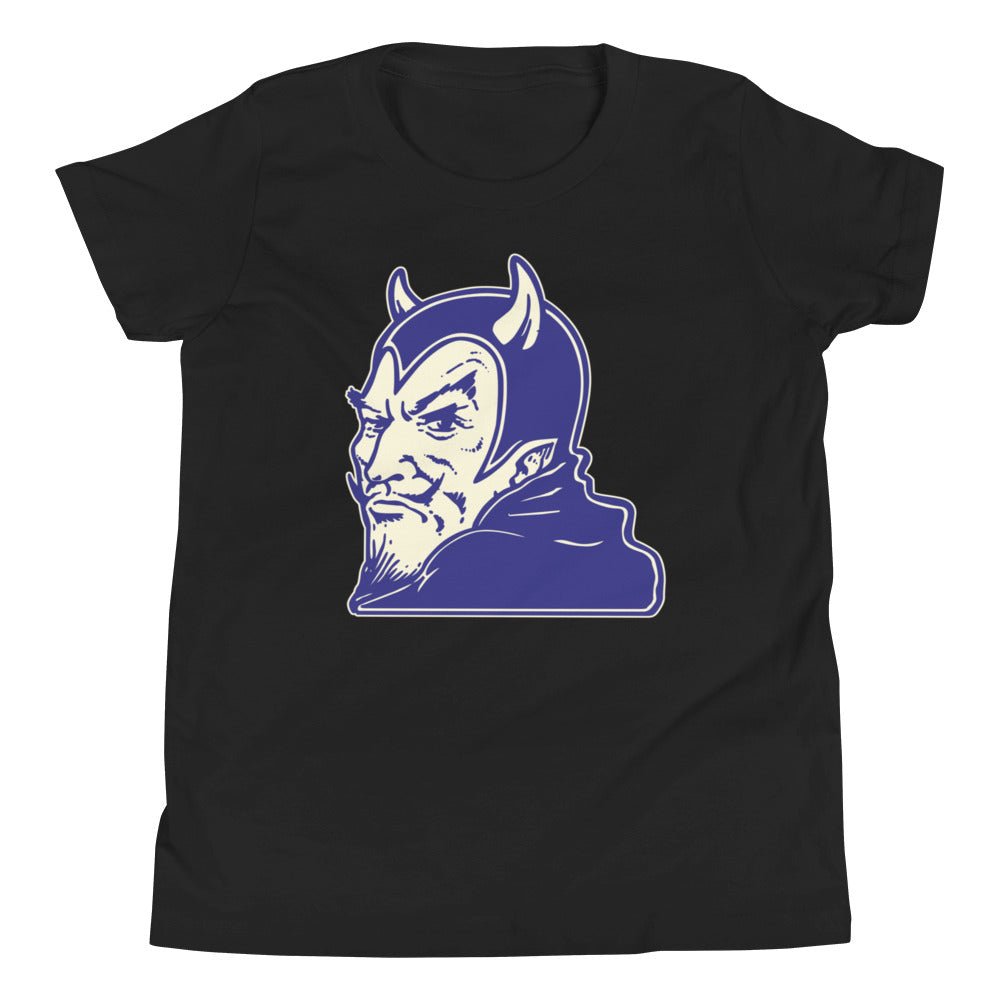 Vintage Duke Blue Devil Kids Youth Shirt - 1940s Dastardly Devil Art Youth Staple Tee - rivalryweek