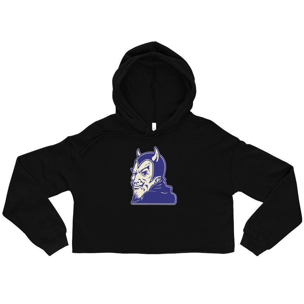 Vintage Duke Blue Devil Women's Cropped Hoodie - 1940s Dastardly Devil Art Cropped Hoodie - rivalryweek