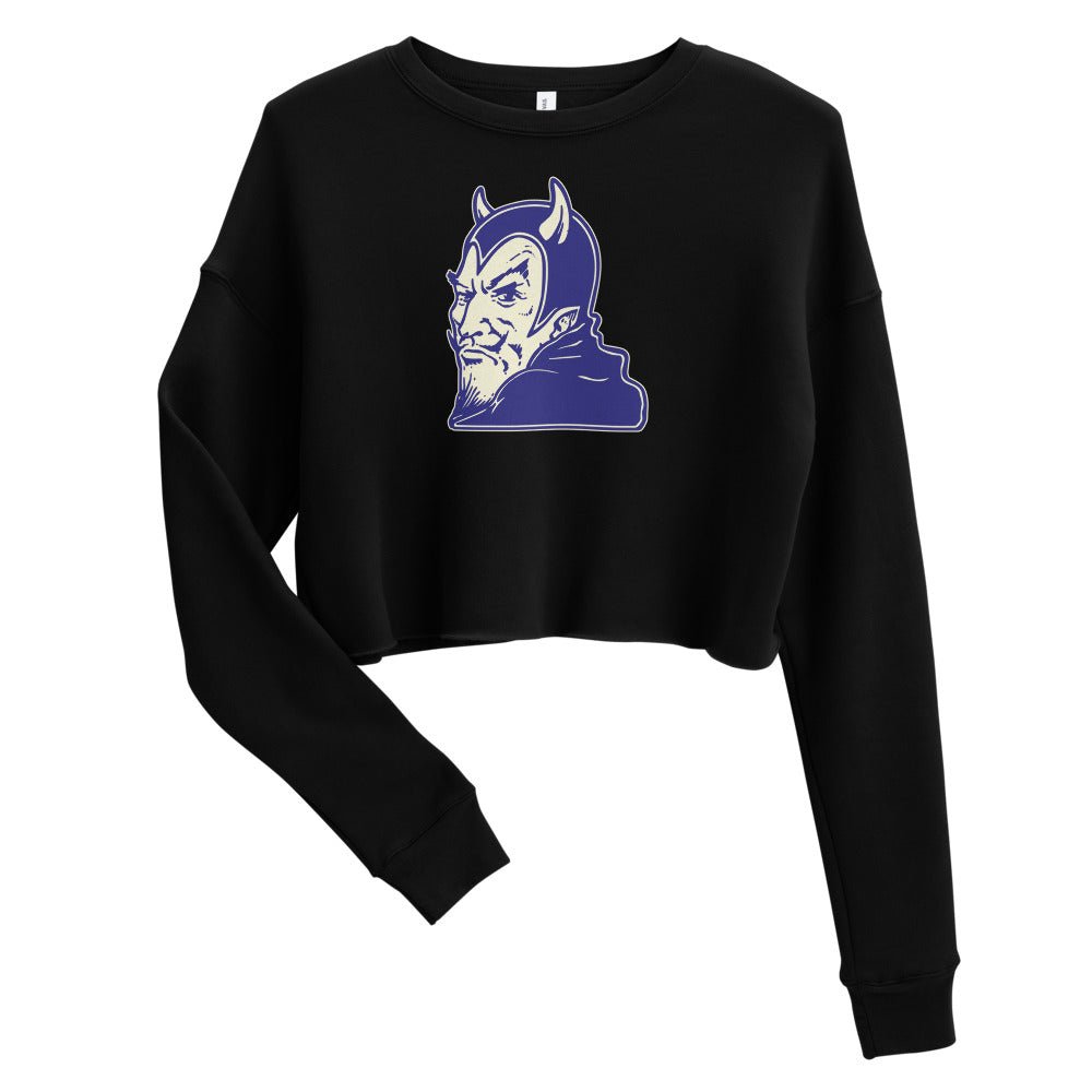 Vintage Duke Blue Devil Women's Cropped Sweatshirt - 1940s Dastardly Devil Art Cropped Sweatshirt - rivalryweek