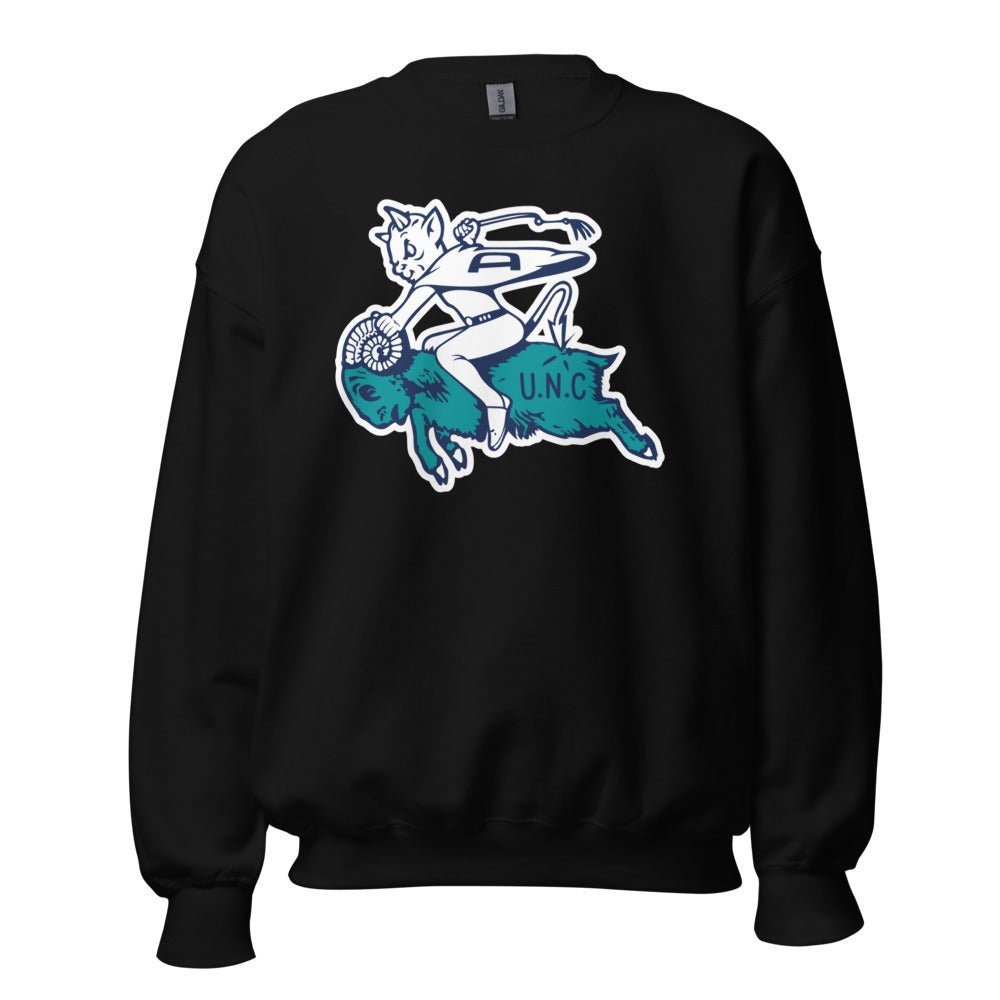 Vintage Duke UNC Rivalry Crew Neck Sweatshirt - 1940s Blue Devil Riding the Ram Art Sweatshirt - rivalryweek