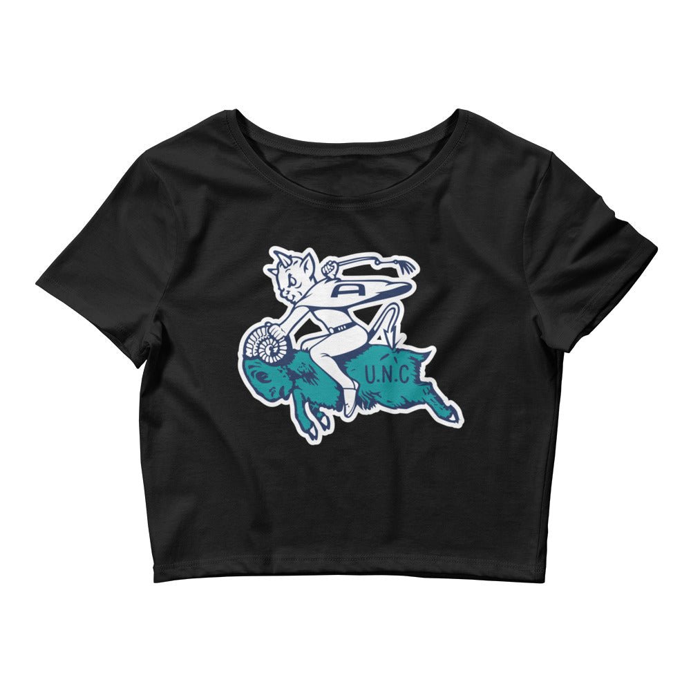 Vintage Duke UNC Rivalry Crop Top - 1940s Blue Devil Riding the Ram Art Crop Top - rivalryweek