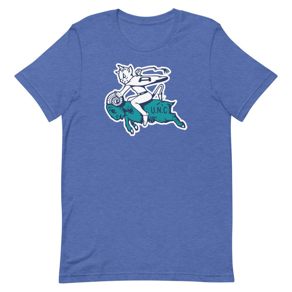 Vintage Duke UNC Rivalry Shirt - 1940s Blue Devil Riding the Ram Art Shirt - rivalryweek