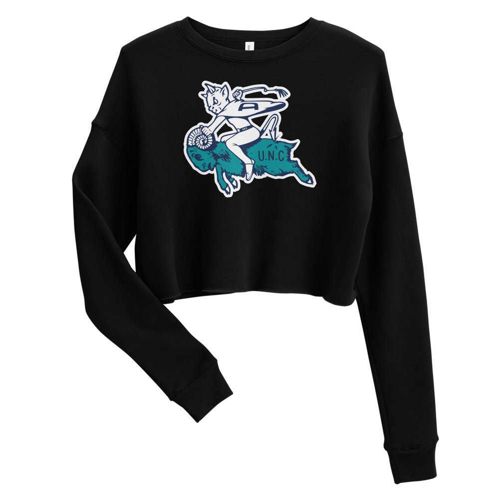 Vintage Duke UNC Rivalry Women's Cropped Sweatshirt - 1940s Blue Devil Riding the Ram Art Cropped Sweatshirt - rivalryweek