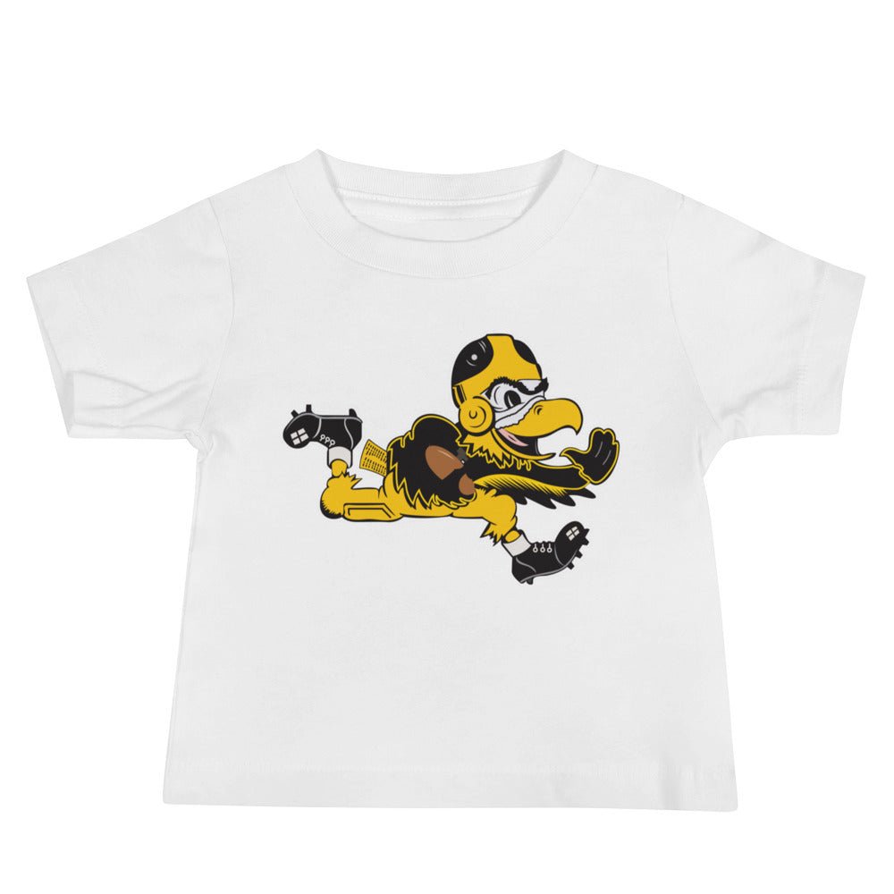 Vintage Iowa Football Hawkeye Baby T Shirt - 1945 Iowa Stiff Arm Art Baby Staple Tee - rivalryweek