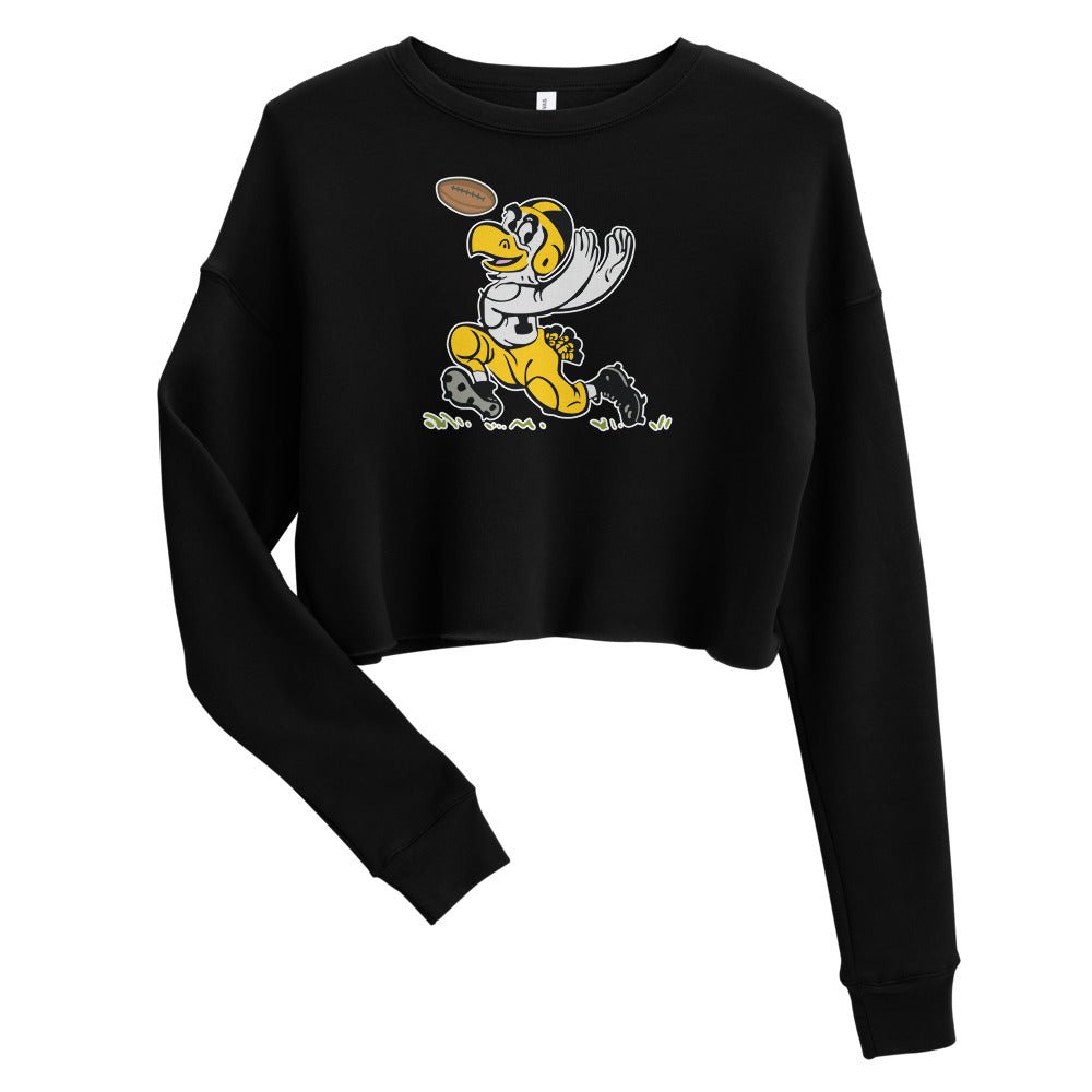 Vintage Iowa Football Women's Cropped Sweatshirt - 1955 Hawkeye with Hands Art Cropped Sweatshirt - rivalryweek