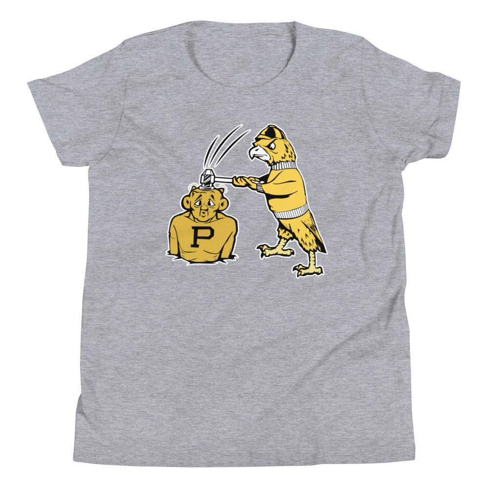 Vintage Iowa vs Purdue Rivalry Kids Youth Shirt - 1950s Hawkeye Hammer Mascot Art Youth Staple Tee - rivalryweek