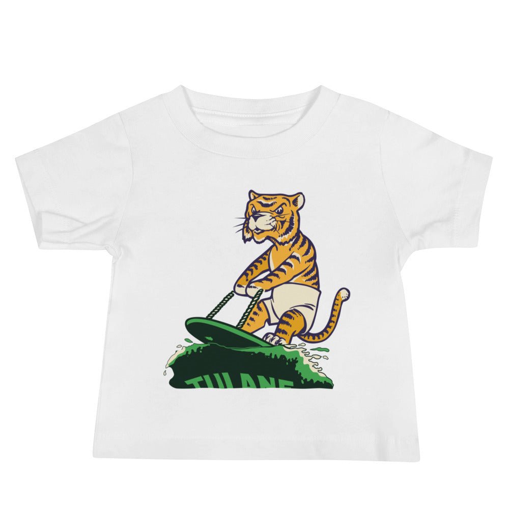 Vintage LSU Tulane Rivalry Baby T Shirt - 1950s Surfing Tiger Art Baby Staple Tee - rivalryweek