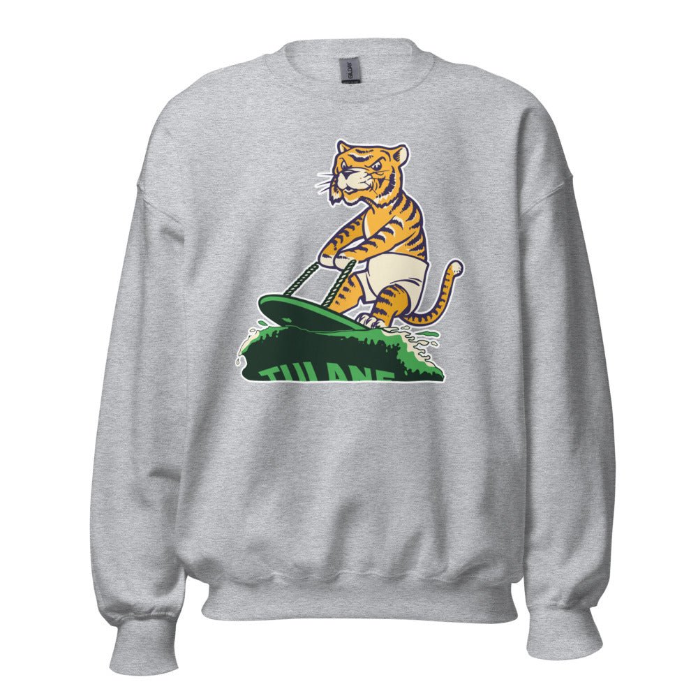 Vintage LSU Tulane Rivalry Crew Neck Sweatshirt - 1950s Surfing Tiger Art Sweatshirt - rivalryweek