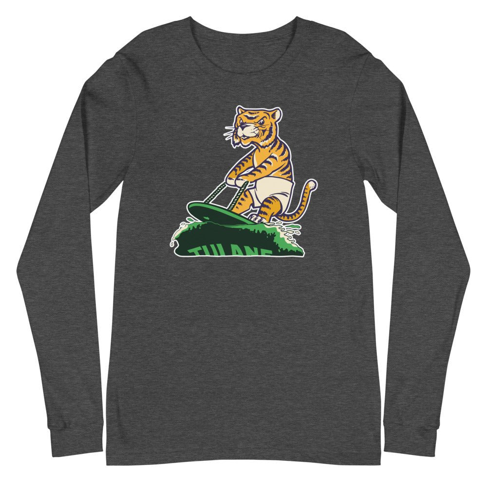 Vintage LSU Tulane Rivalry Long Sleeve Shirt - 1950s Surfing Tiger Art Long Sleeve Shirt - rivalryweek