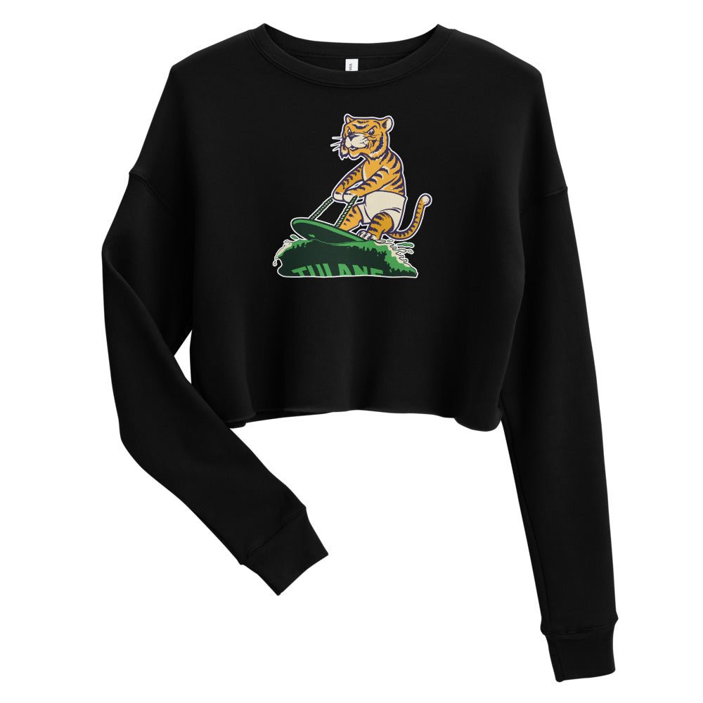 Vintage LSU Tulane Rivalry Women's Cropped Sweatshirt - 1950s Surfing Tiger Art Cropped Sweatshirt - rivalryweek