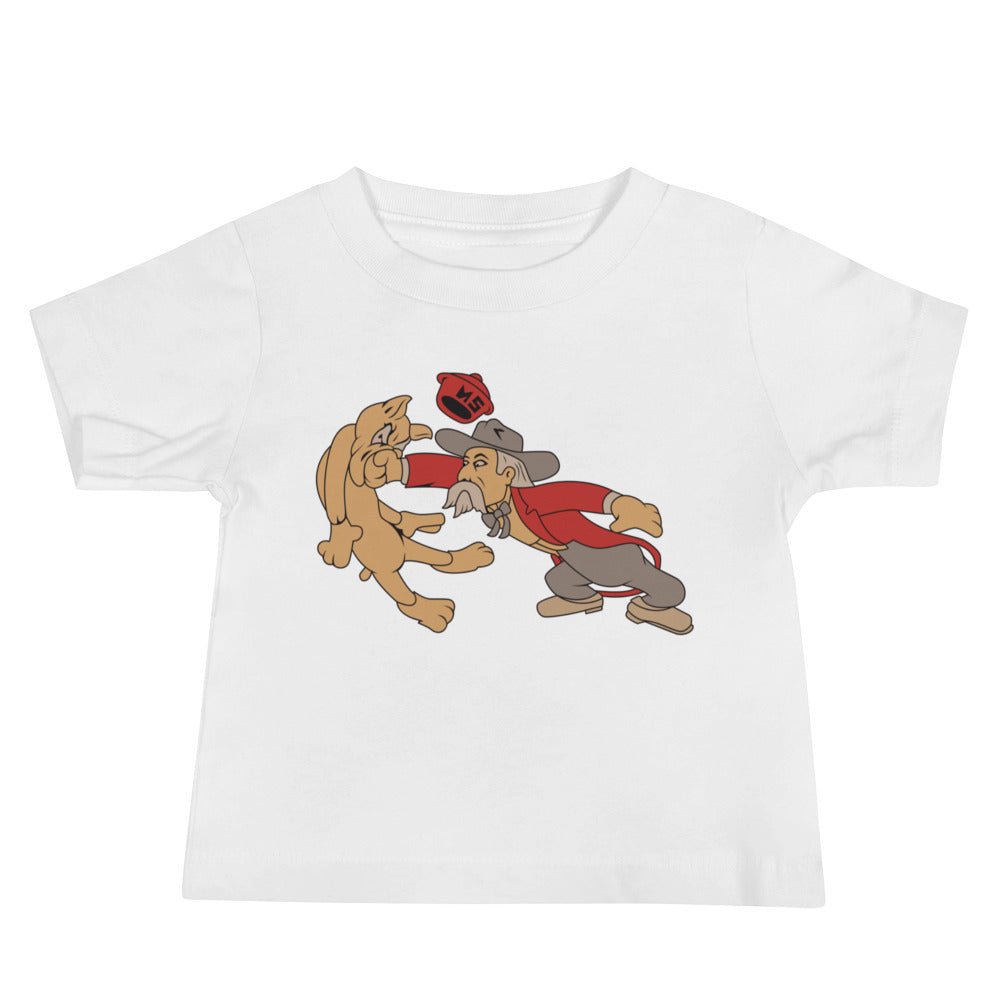 Vintage Ole Miss vs MSU Rivalry Baby T Shirt - 1950s Colonel Reb boxing MSU Bulldog Art Baby Staple Tee - rivalryweek