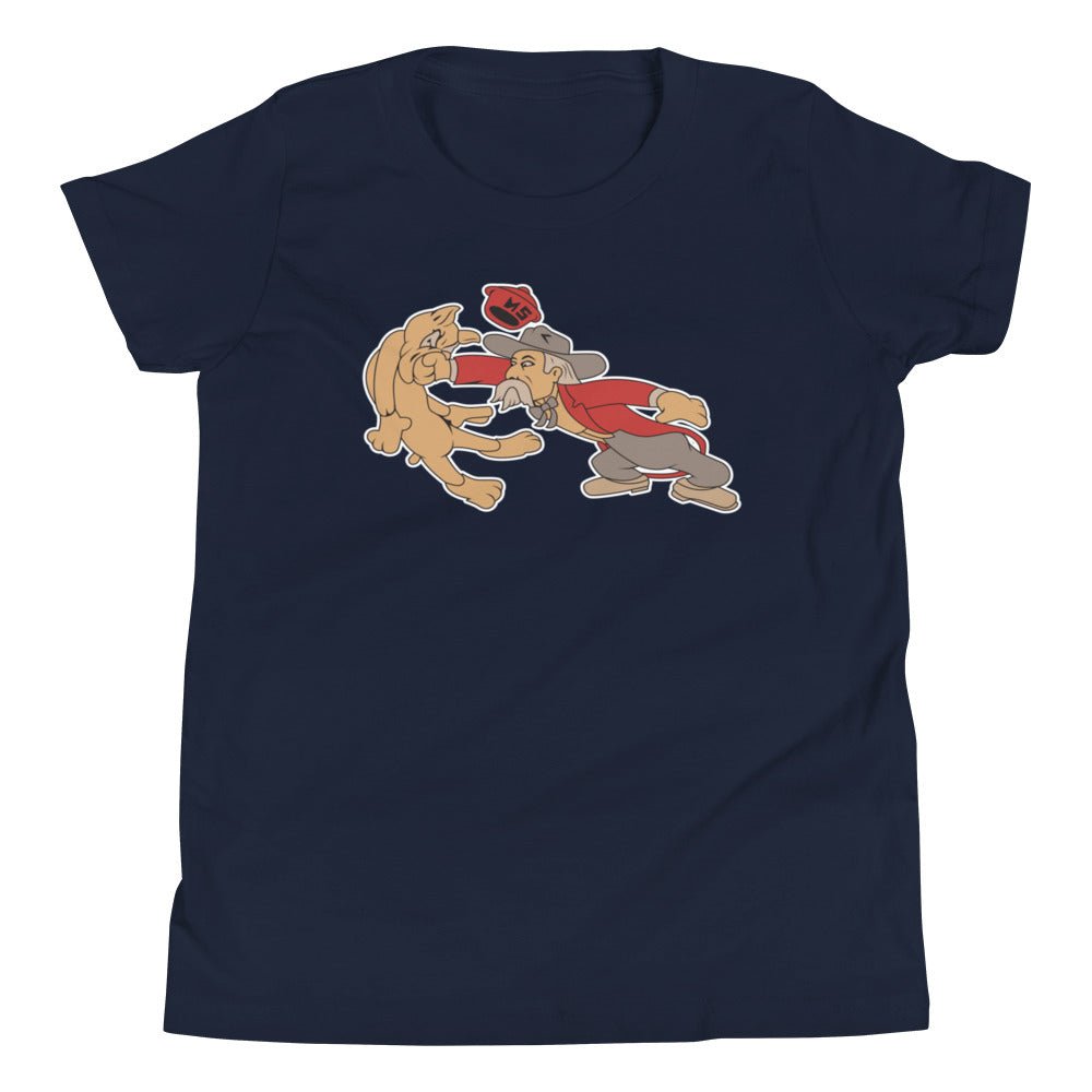 Vintage Ole Miss vs MSU Rivalry Kids Youth Shirt - 1950s Colonel Reb boxing MSU Bulldog Art Youth Staple Tee - rivalryweek