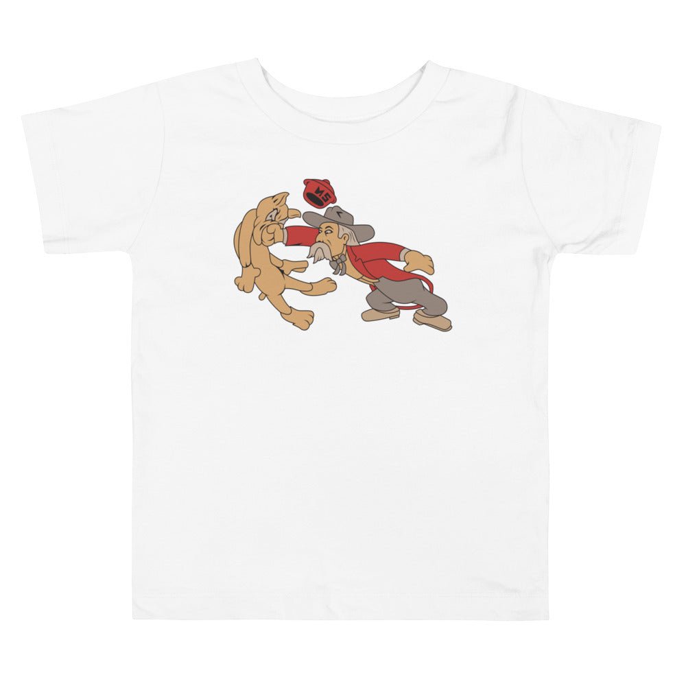 Vintage Ole Miss vs MSU Rivalry Toddler T Shirt - 1950s Colonel Reb boxing MSU Bulldog Art Toddler Staple Tee - rivalryweek