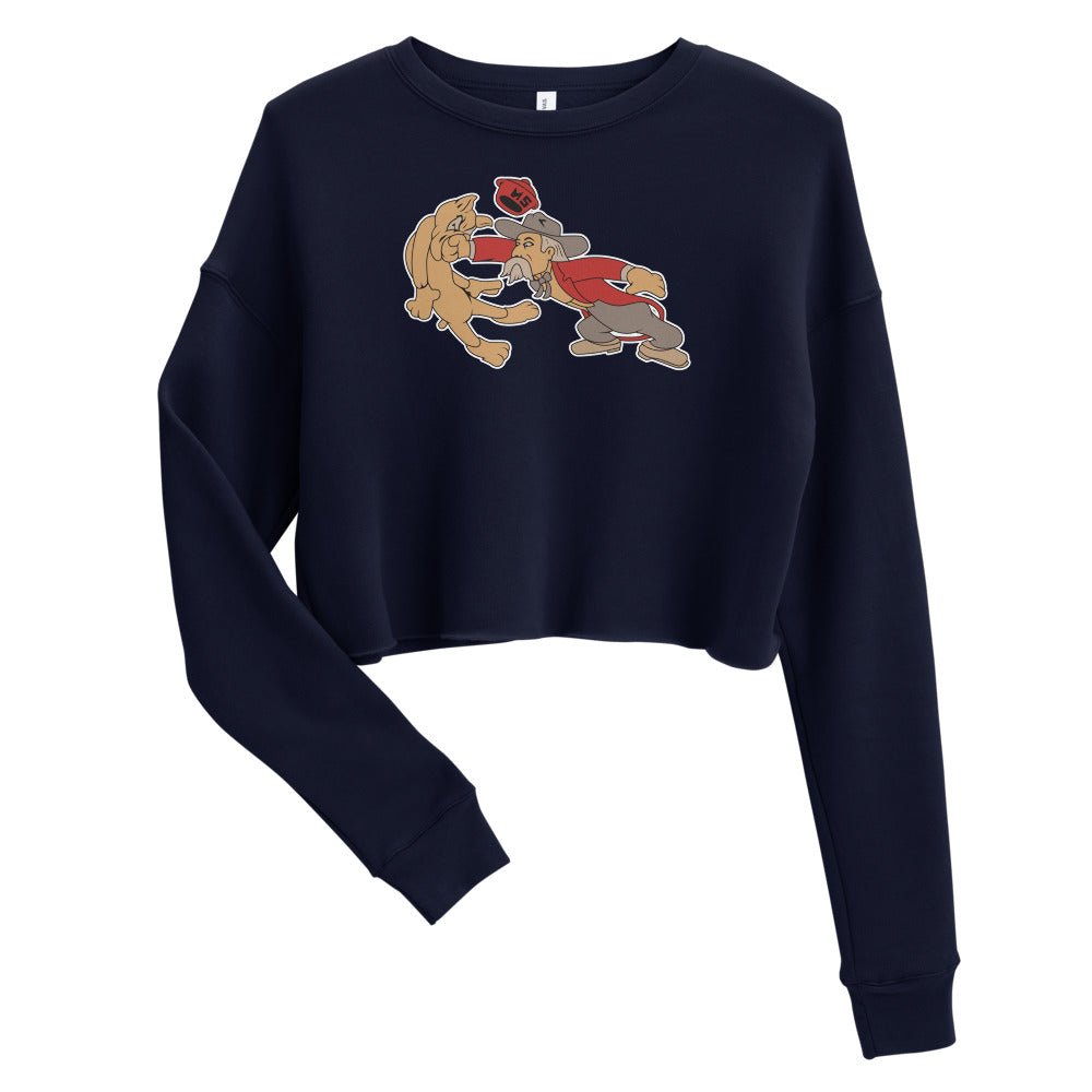 Vintage Ole Miss vs MSU Rivalry Women's Cropped Sweatshirt - 1950s Colonel Reb boxing MSU Bulldog Art Cropped Sweatshirt - rivalryweek