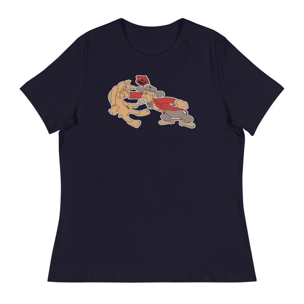 Vintage Ole Miss vs MSU Rivalry Women's Relaxed Shirt - 1950s Colonel Reb boxing MSU Bulldog Art W Relaxed T Shirt - rivalryweek