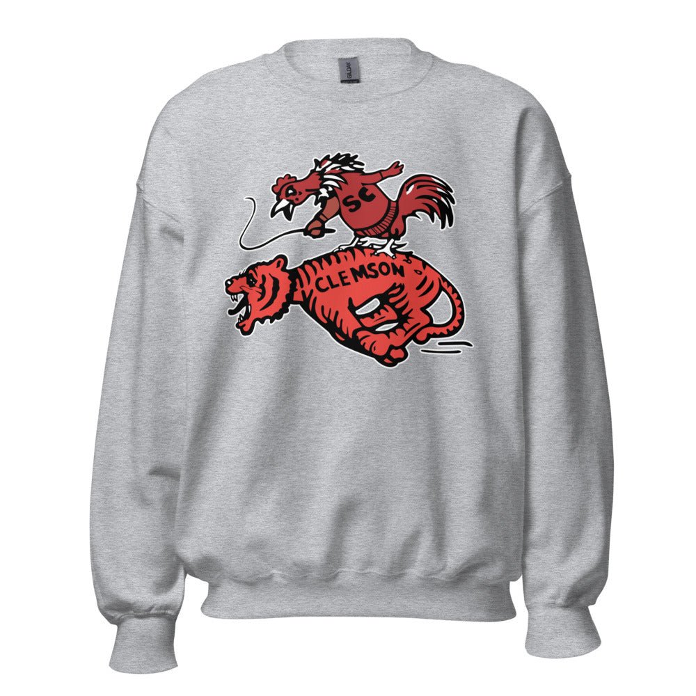 Vintage South Carolina Rivalry Crew Neck Sweatshirt - 1950s Gamecock riding a Clemson Tiger Art Sweatshirt - rivalryweek