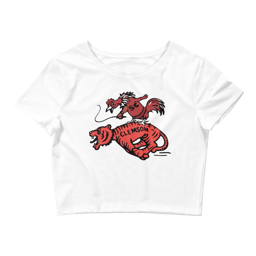 Vintage South Carolina Rivalry Crop Top - 1950s Gamecock riding a Clemson Tiger Art Crop Top - rivalryweek