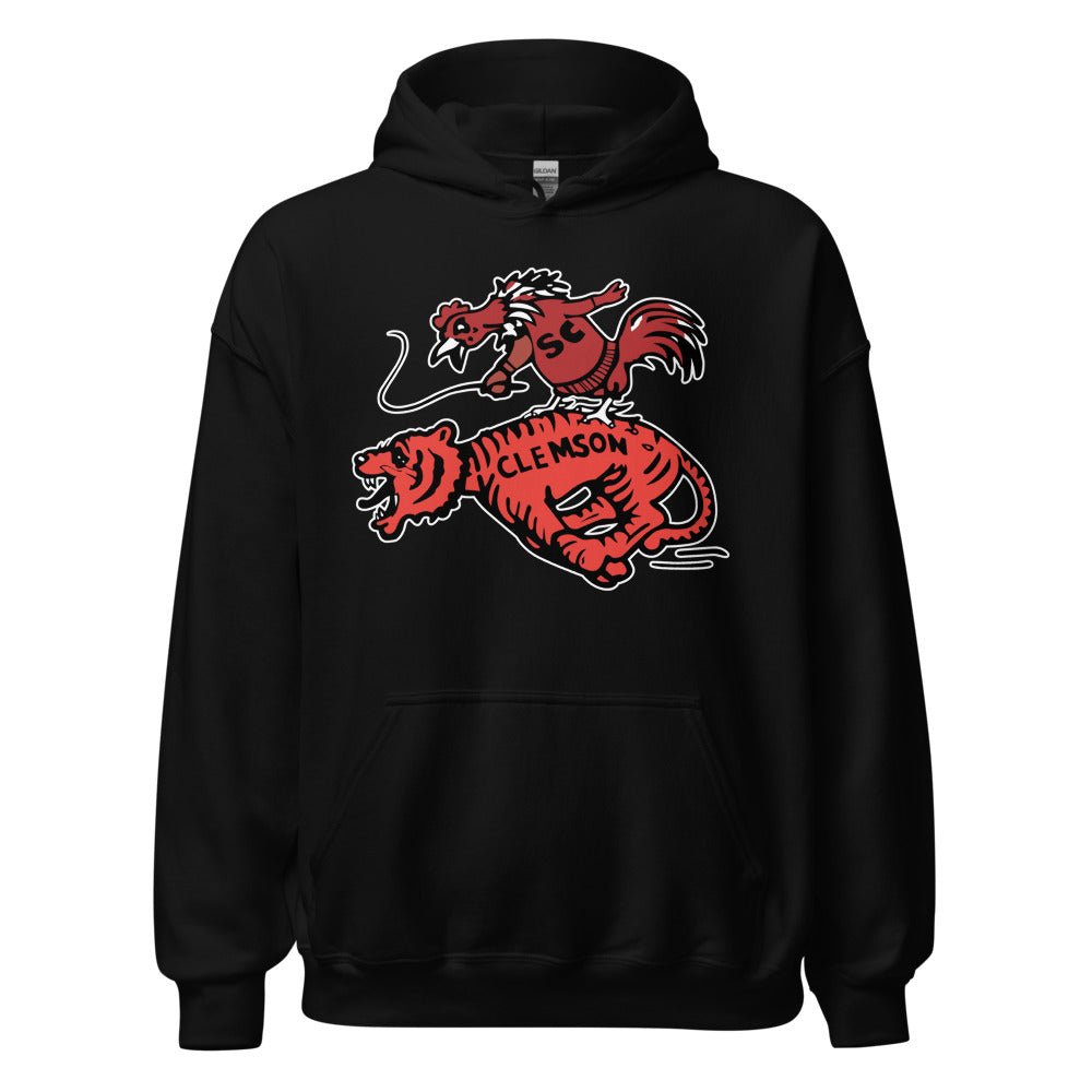 Vintage South Carolina Rivalry Hoodie - 1950s Gamecock riding a Clemson Tiger Art Hoodie - rivalryweek