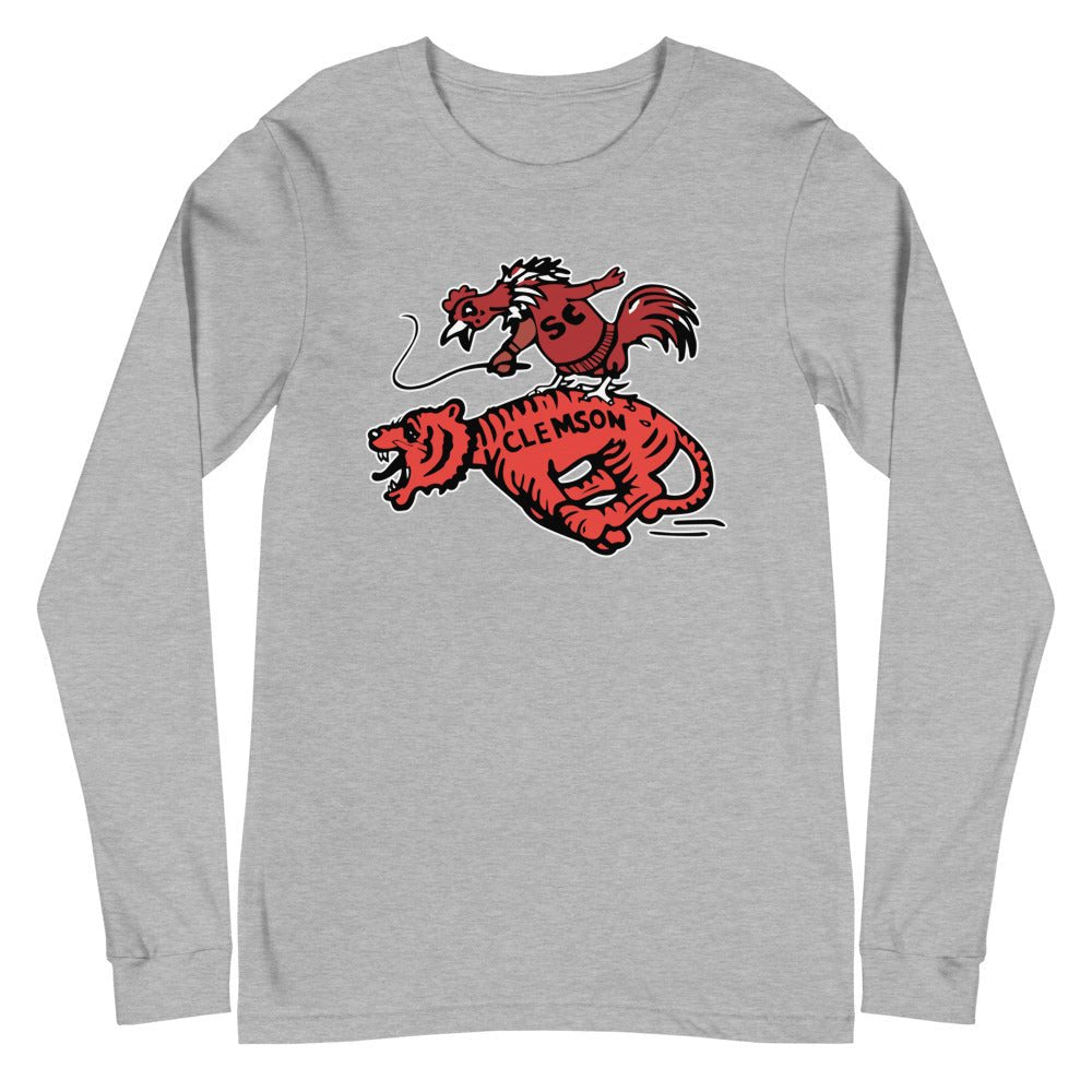 Vintage South Carolina Rivalry Long Sleeve Shirt - 1950s Gamecock riding a Clemson Tiger Art Long Sleeve Shirt - rivalryweek