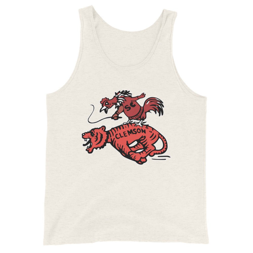 Vintage South Carolina Rivalry Men's Tank Top - 1950s Gamecock riding a Clemson Tiger Art Mens Tank Top - rivalryweek