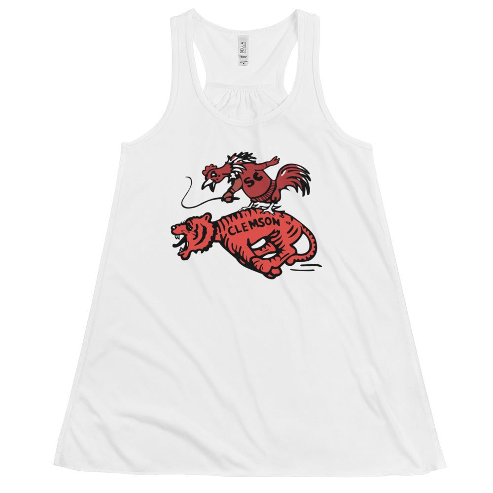 Vintage South Carolina Rivalry Women's Flowy Tank Top - 1950s Gamecock riding a Clemson Tiger Art W Tank Top - rivalryweek