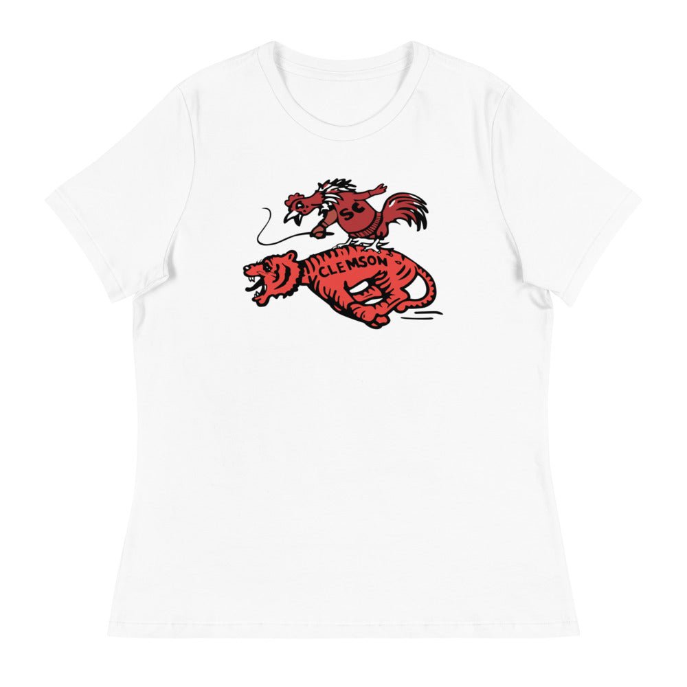 Vintage South Carolina Rivalry Women's Relaxed Shirt - 1950s Gamecock riding a Clemson Tiger Art W Relaxed T Shirt - rivalryweek