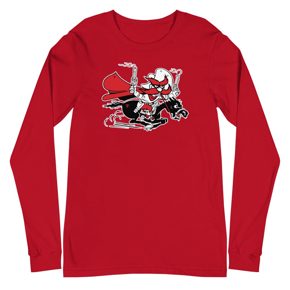 Vintage Texas Tech Long Sleeve Shirt - Mid Century Vintage Raider Red Guns Blazin' Art Long Sleeve Shirt - rivalryweek