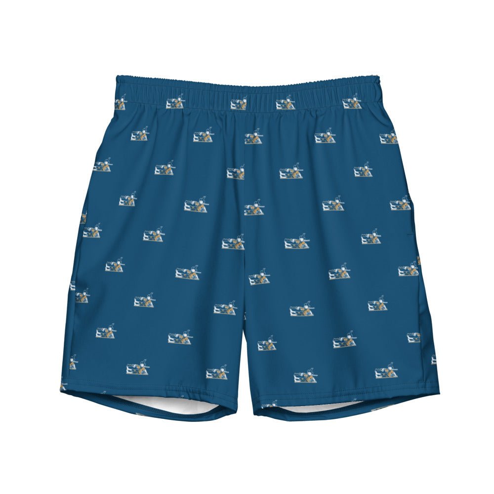 Vintage West Virginia Swim Trunks - 1950s Vintage Snoozing Mountaineer Blue Pattern Swim Trunks - Rivalry Week