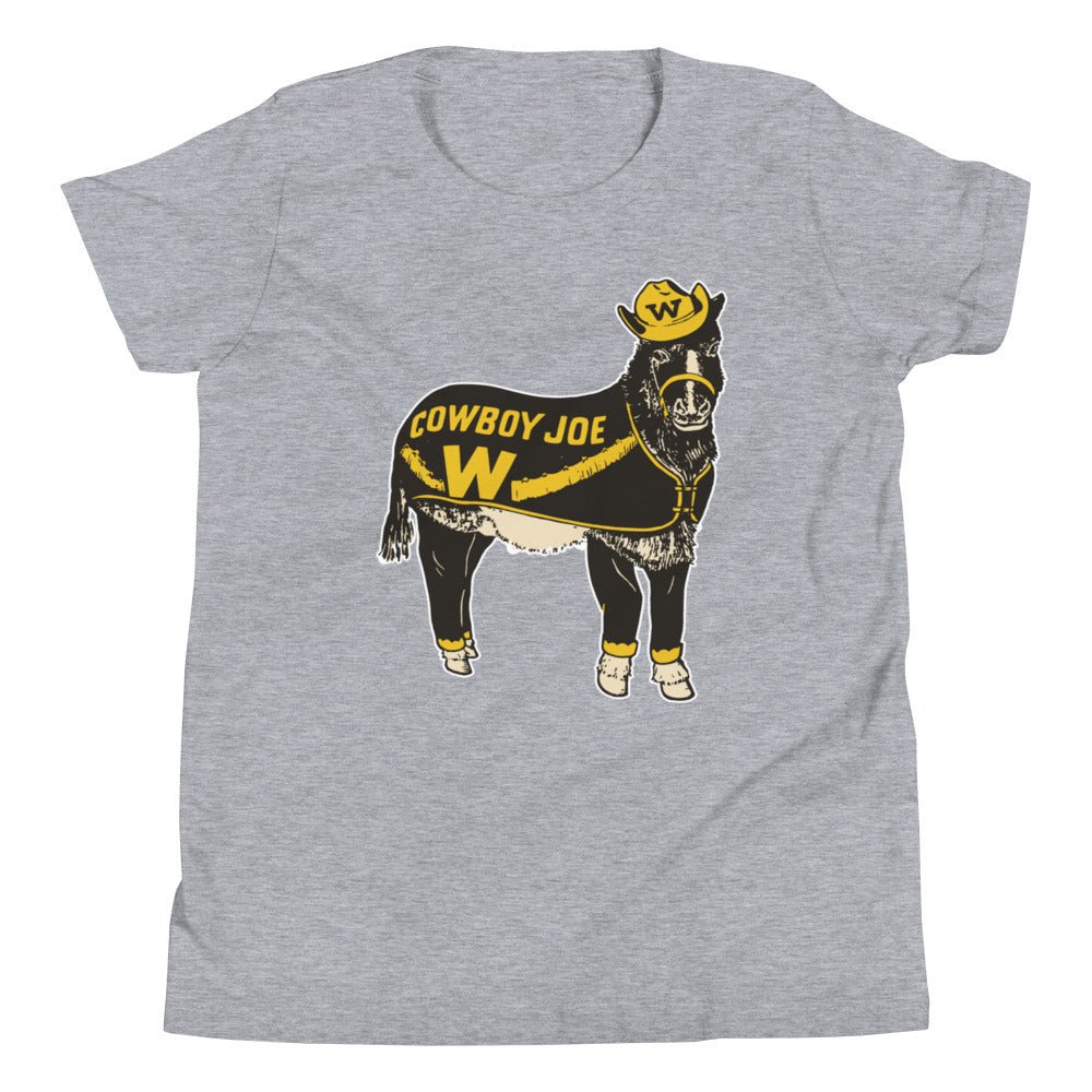 Vintage Wyoming Mascot Kids Youth Shirt - 1940s Cowboy Joe Art Youth Staple Tee - rivalryweek