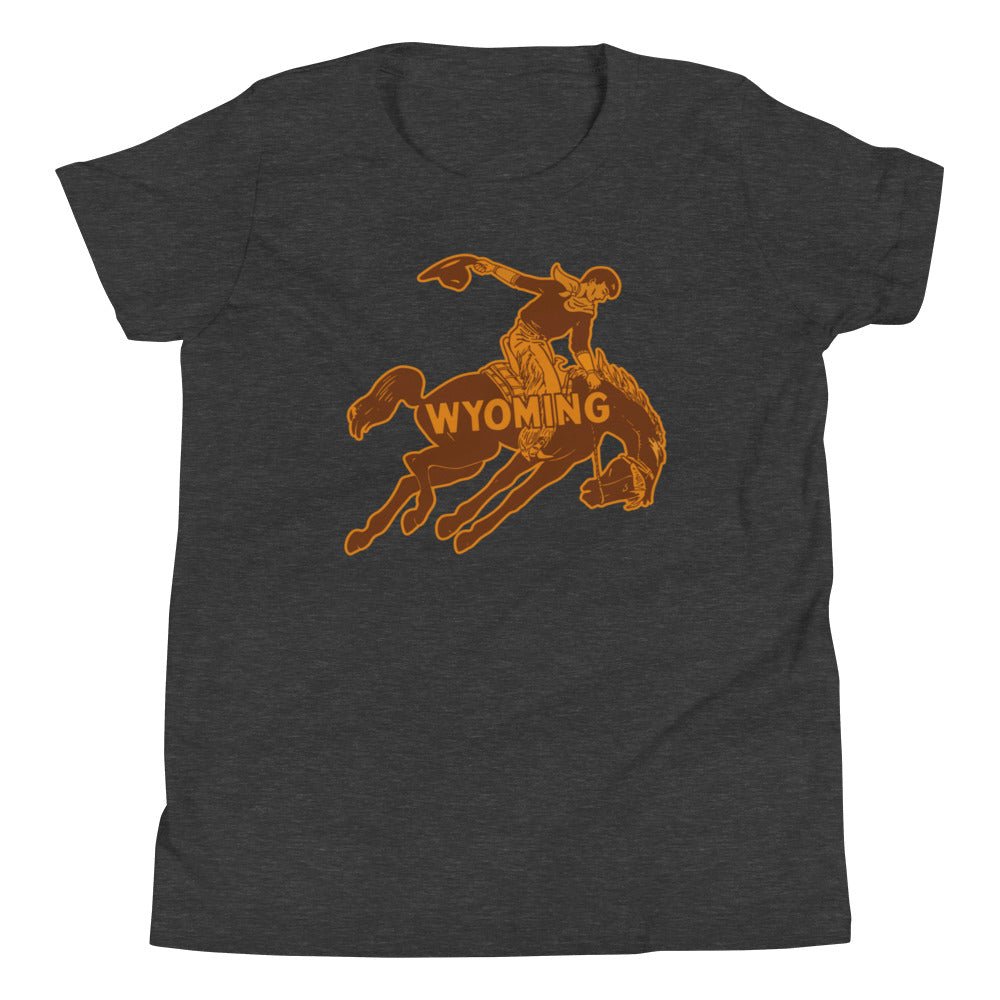 Wyoming Cowboys Vintage Kids Youth Shirt - 1940s Ride 'em Cowboy Art Youth Staple Tee - rivalryweek